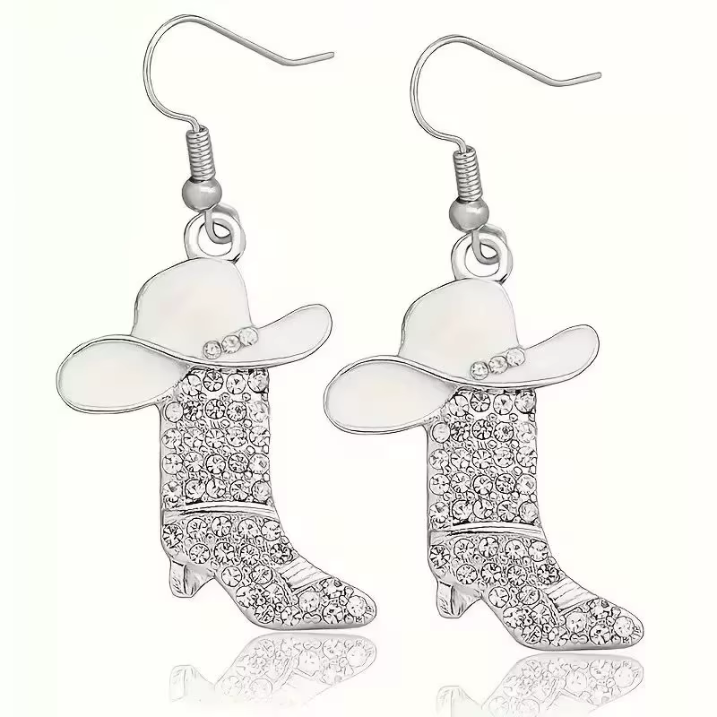 Femmes émail Cowboy chapeau bottes boucles d'oreilles strass chaussures breloques en acier inoxydabl
