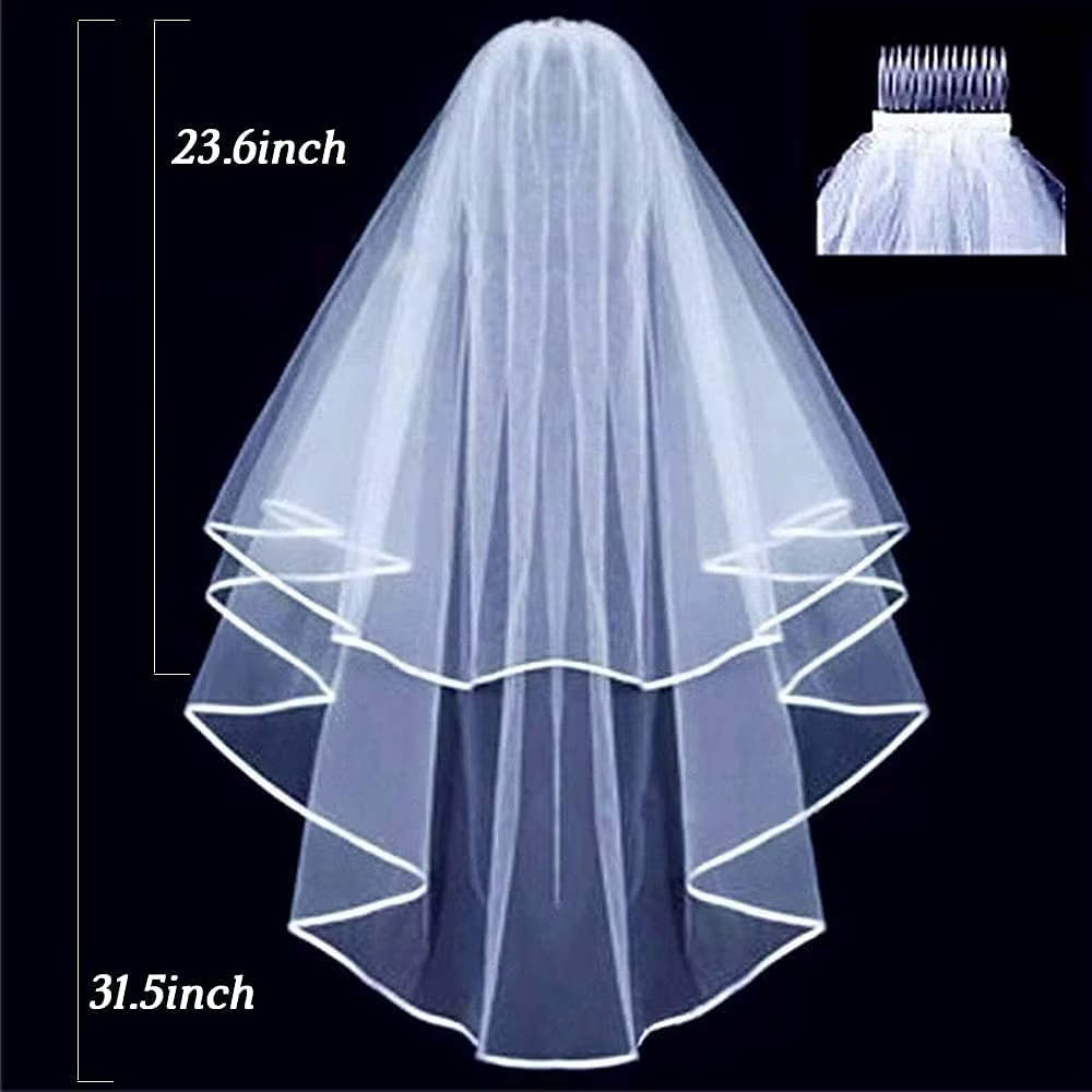 Voile de mariée en Tulle blanc pour femmes, court, bord de ruban avec peigne, Costume de fête d'ente
