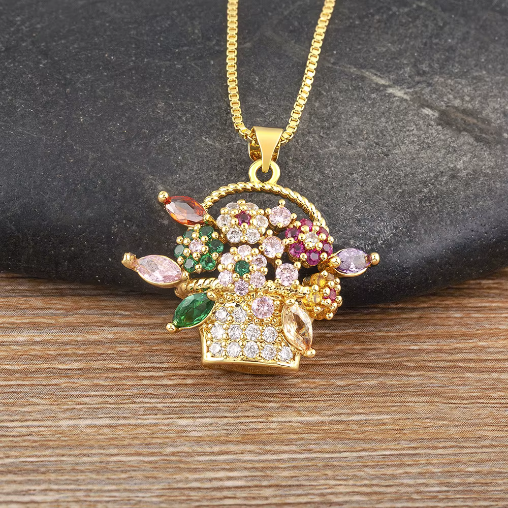 Nidin brillant multicolore pique-nique fleur panier plaqué or pendentif collier de luxe personnalité