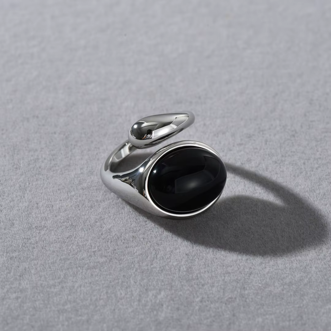 Bague rétro irrégulière en laiton plaqué platine et Agate noire pour femmes, bijoux de luxe, Europe 