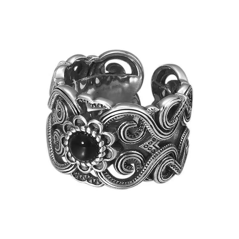 Bague rétro à motif de fleur mongole pour hommes et femmes, couleur argent, gothique, réglable, fait