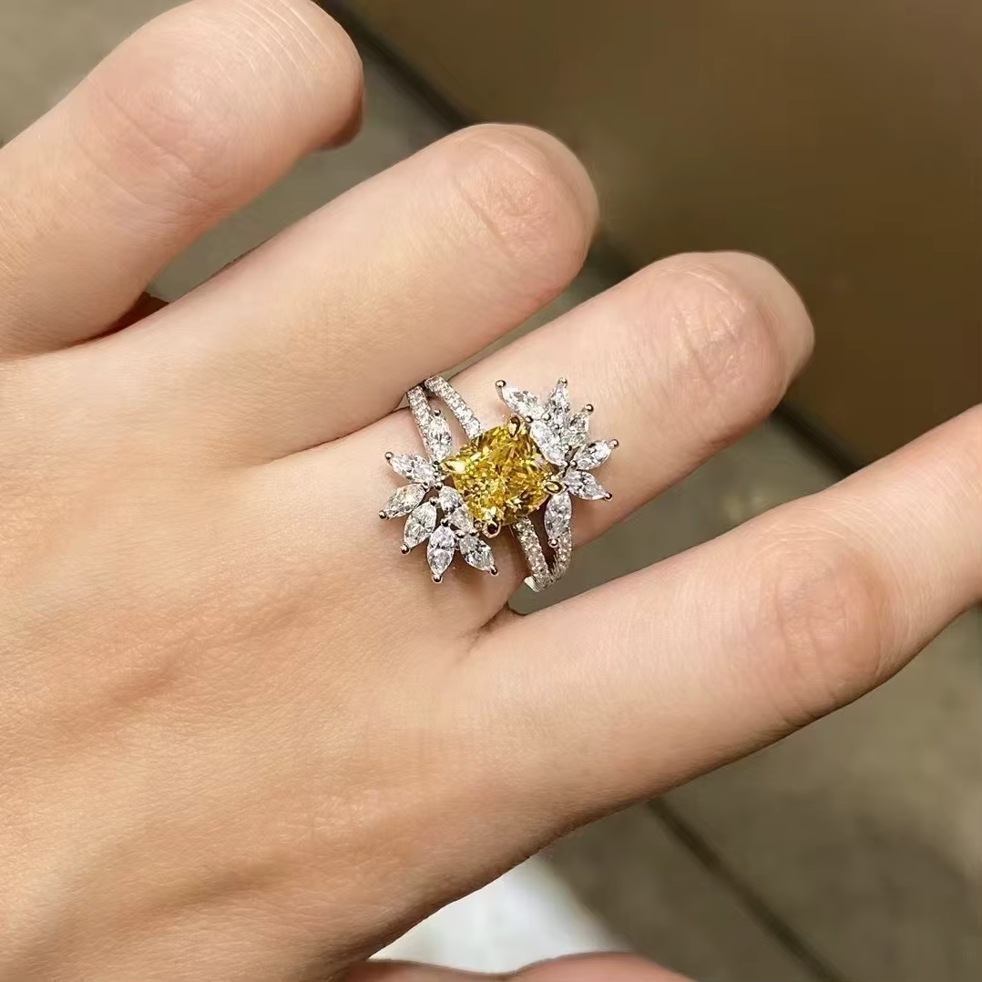 Bague de fiançailles Amazed avec diamant jaune créé taille coussin 2 carats 7*7mm, en argent 925, po