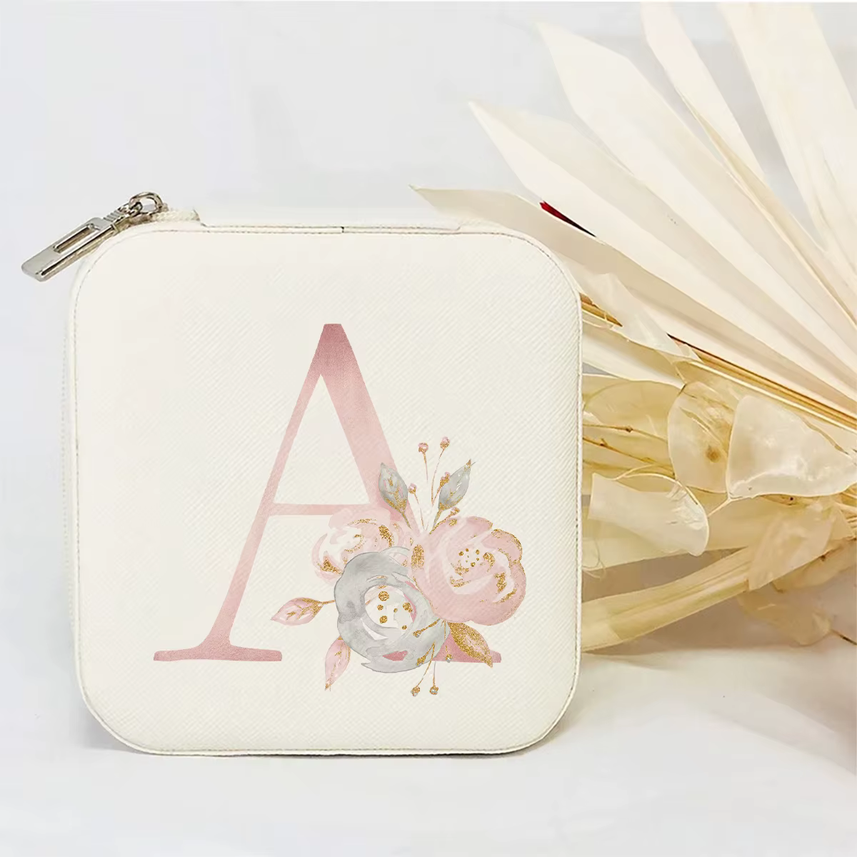 Boîte à bijoux personnalisée avec initiales florales, mini organisateur de bijoux portable de voyage