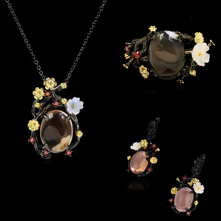 Bague Diopside en forme d'œuf d'oie en or noir pour dames, collier et boucles d'oreilles, bijoux de 