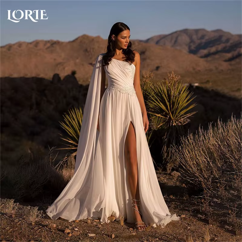 LORIE châle longues robes de mariée une épaule fente a-ligne robe de mariée plis Illsion robe de mar