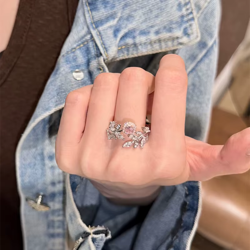 Bague en forme de branche de fleur de cerisier avec pierres précieuses roses, bague scintillante exq