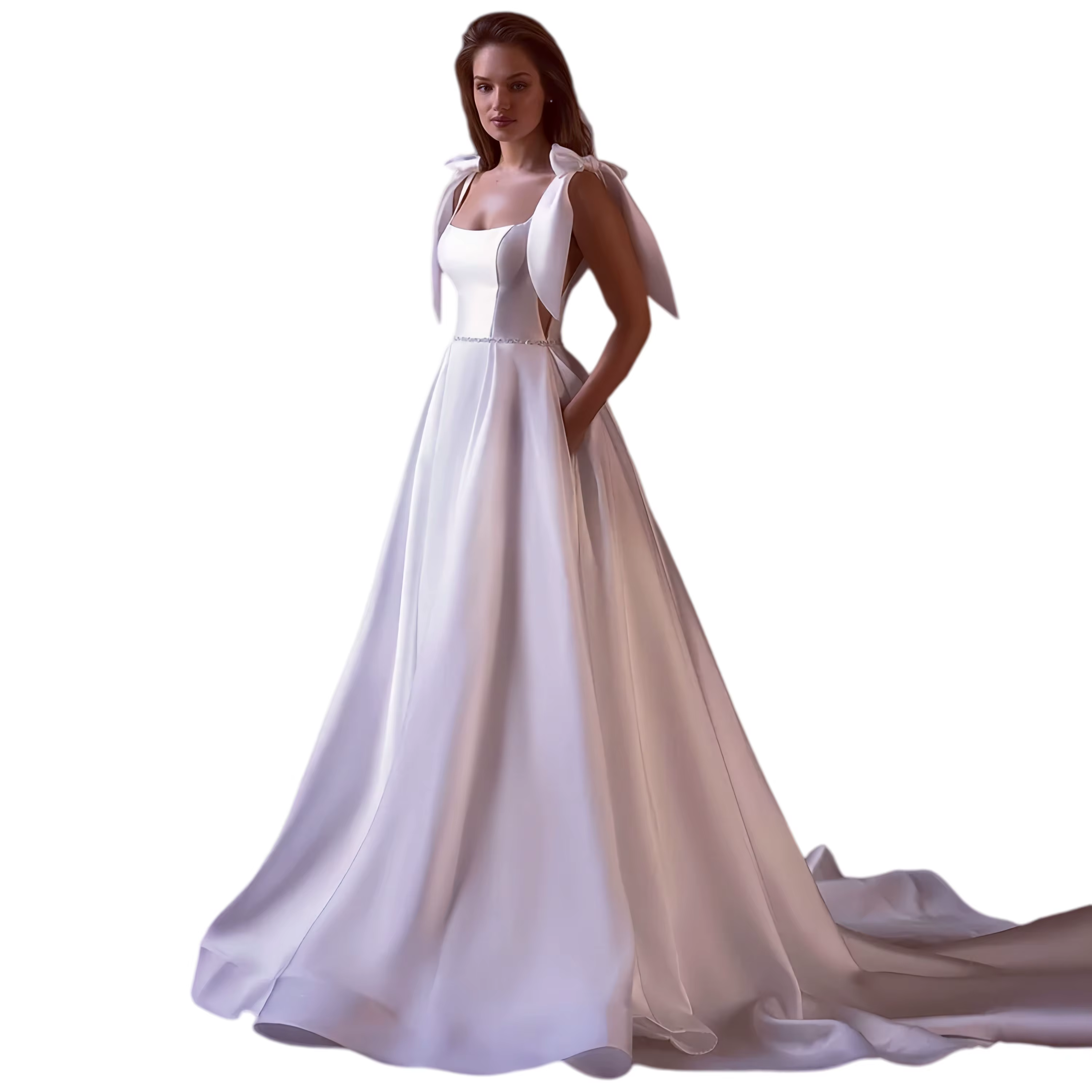Robes de mariée sexy en satin personnalisées, sans manches, col carré, avec nœuds et perles, ceintur