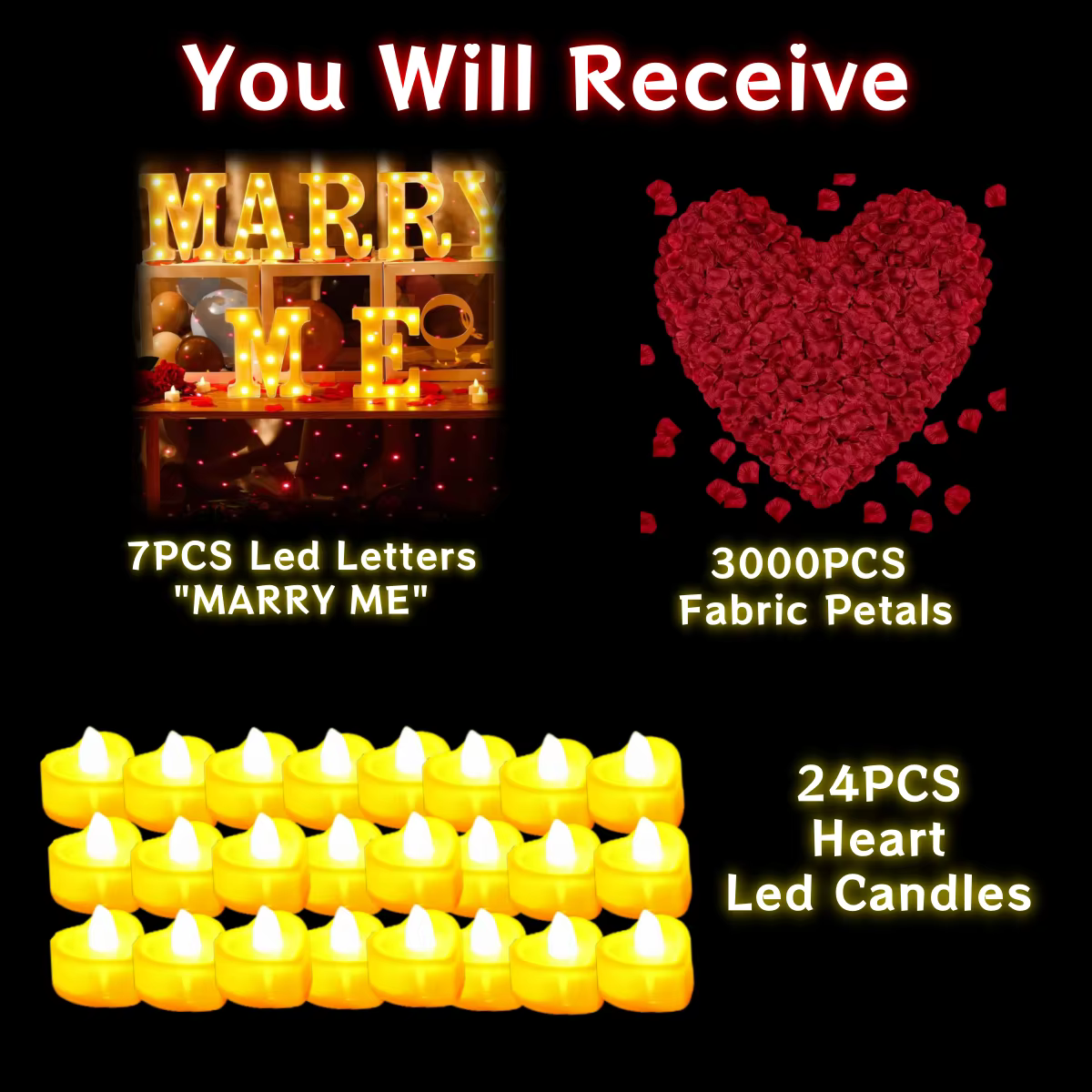 Kit de lettres lumineuses Marry Me, décoration de proposition, signes de pétales de rose LED, ci-apr