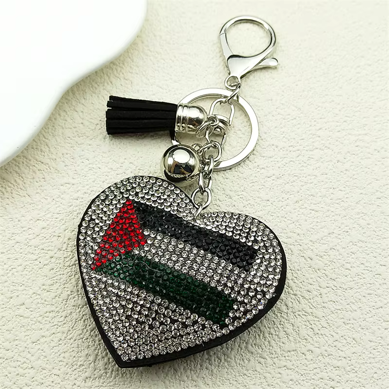 Porte-clés drapeau palestinien en forme de cœur avec strass, pour femmes et hommes, en cuir, couleur