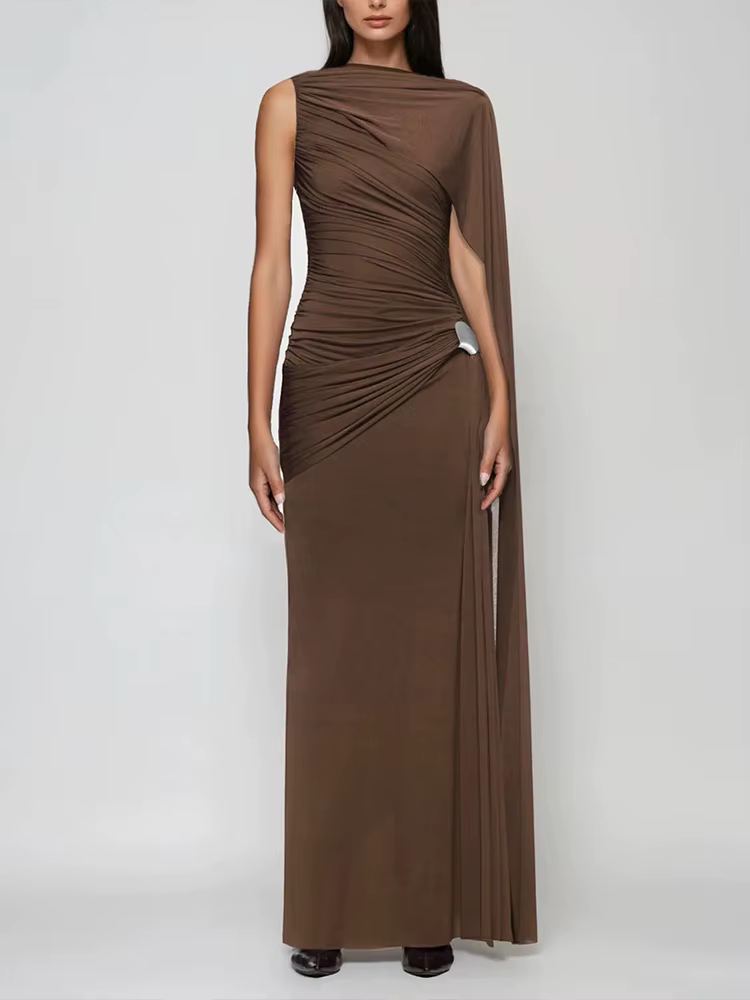 Kliou froncé robe élégante robe femme col rond sans manches ruban décoration garniture en métal tail