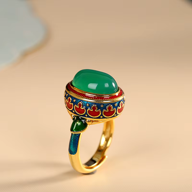 Bague cornaline naturelle artisanale en or ancien coloré en émail exquis, bagues vertes pour femmes,