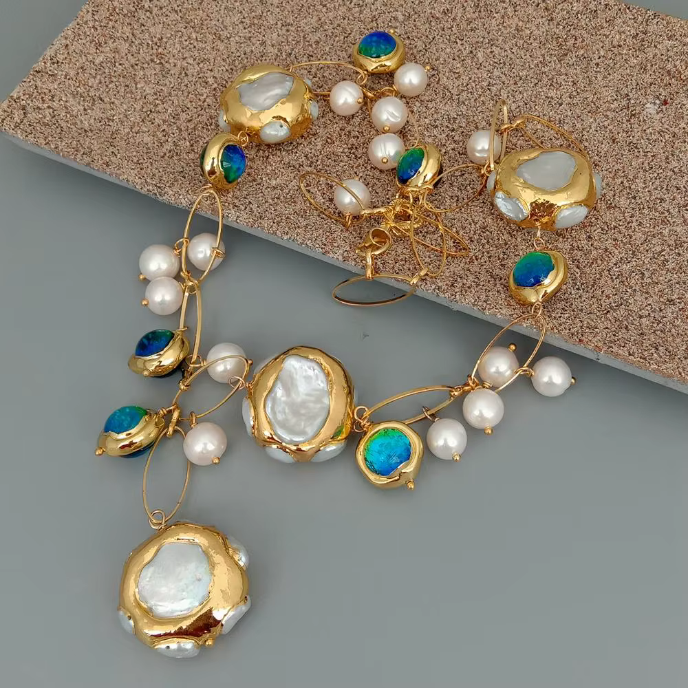 YYGEM-Offre Spéciale! Collier rempli d'or en verre de Murano bleu, perle Keshi blanche, culture d'ea