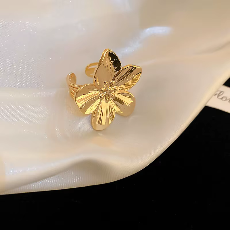 Bague Fleur Vintage Dorée en Métal pour Femme, Anneau Géométrique Simple à Ouverture pour l'Index, B