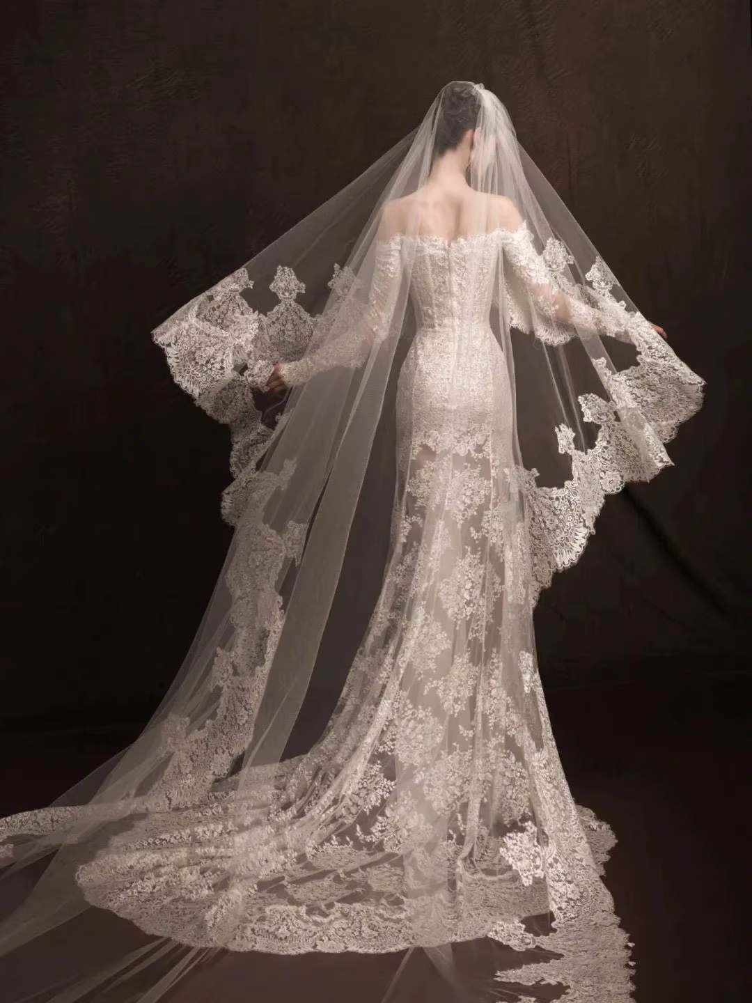 Voile de mariage magnifique à deux couches, long, cathédrale, bord en dentelle pour mariée, sur mesu