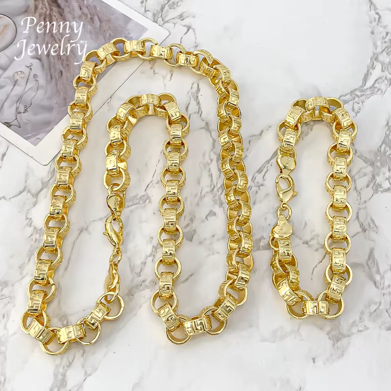 Ensemble de bijoux texturés pour hommes, plaqué or 18 carats, style Dubaï, collier et bracelet hip-h
