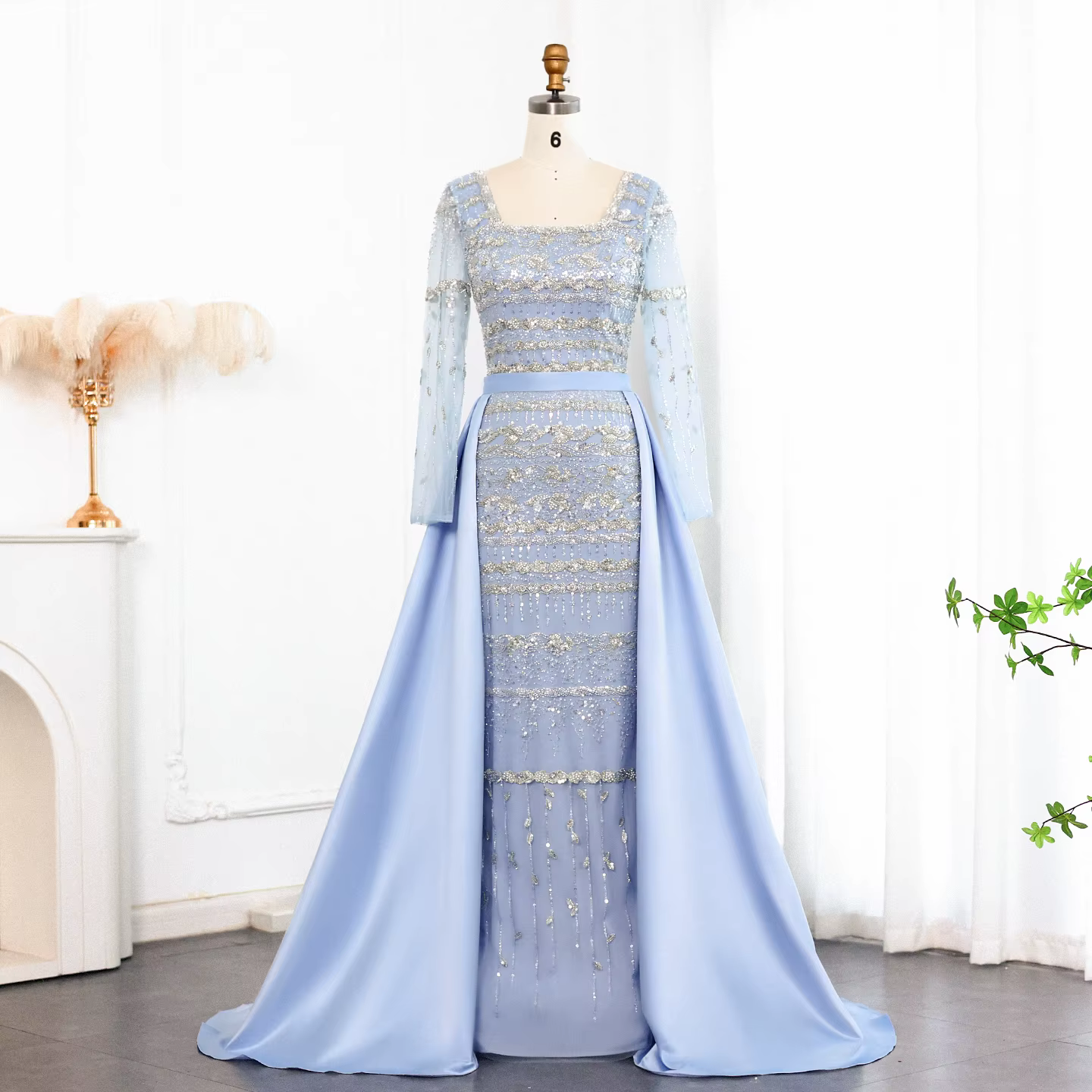 Sharon Said – robe de soirée élégante bleue de dubaï, avec jupe détachable, vert sauge, manches long