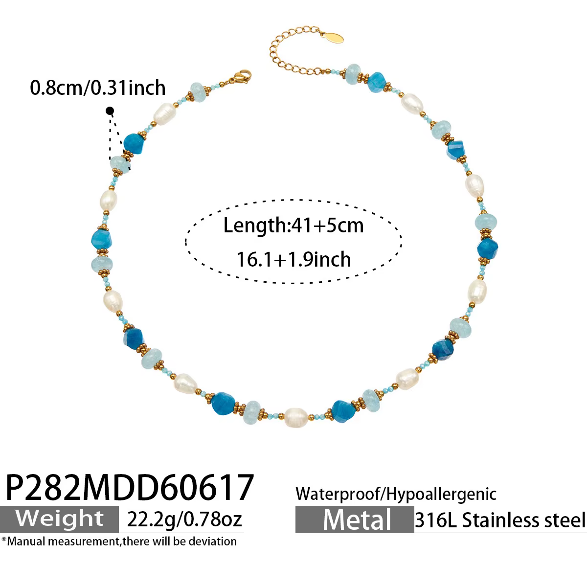 Collier de perles d'eau douce naturelles et de pierres facettées, plaqué or 18 carats, acier inoxyda