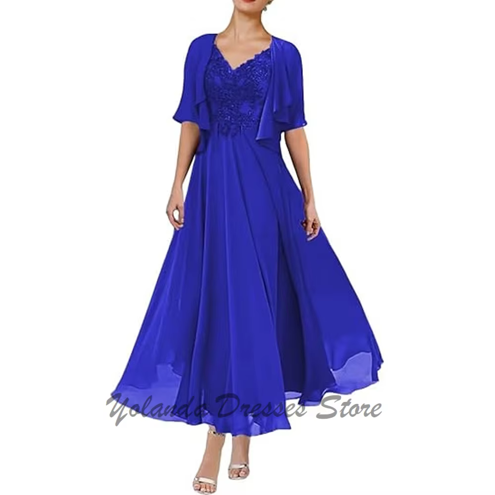 Robe de soirée formelle en dentelle avec poches, robe 2 pièces, veste, demi-manches, appliques, long