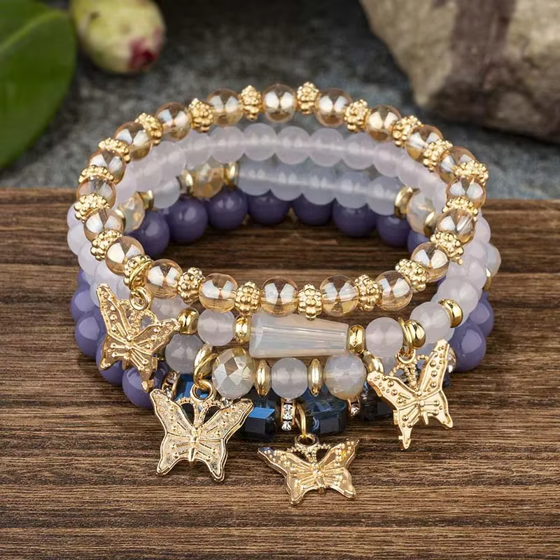 Ensemble de bracelets en perles papillon pour femmes, 4 pièces, tendance, perles acryliques roses, c