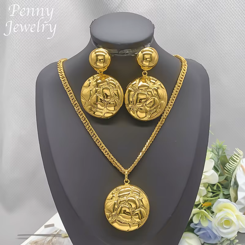 Ensemble de bijoux plaqué or 18 carats avec pendentif rond pour femme, collier, boucles d'oreilles, 