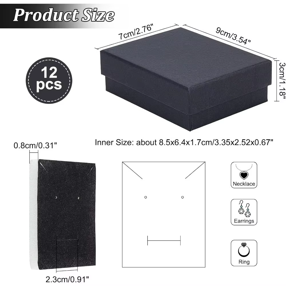Boîte à bijoux rectangulaire noire, boîtes en carton avec matiques, emballage cadeau de Noël, 3.5x2.