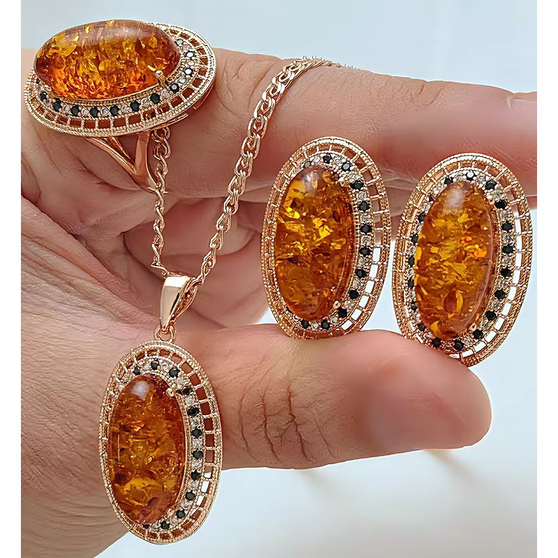 Kinel – bague ovale en ambre pour femmes, boucles d'oreilles, collier, mode 585 couleur or Rose, acc
