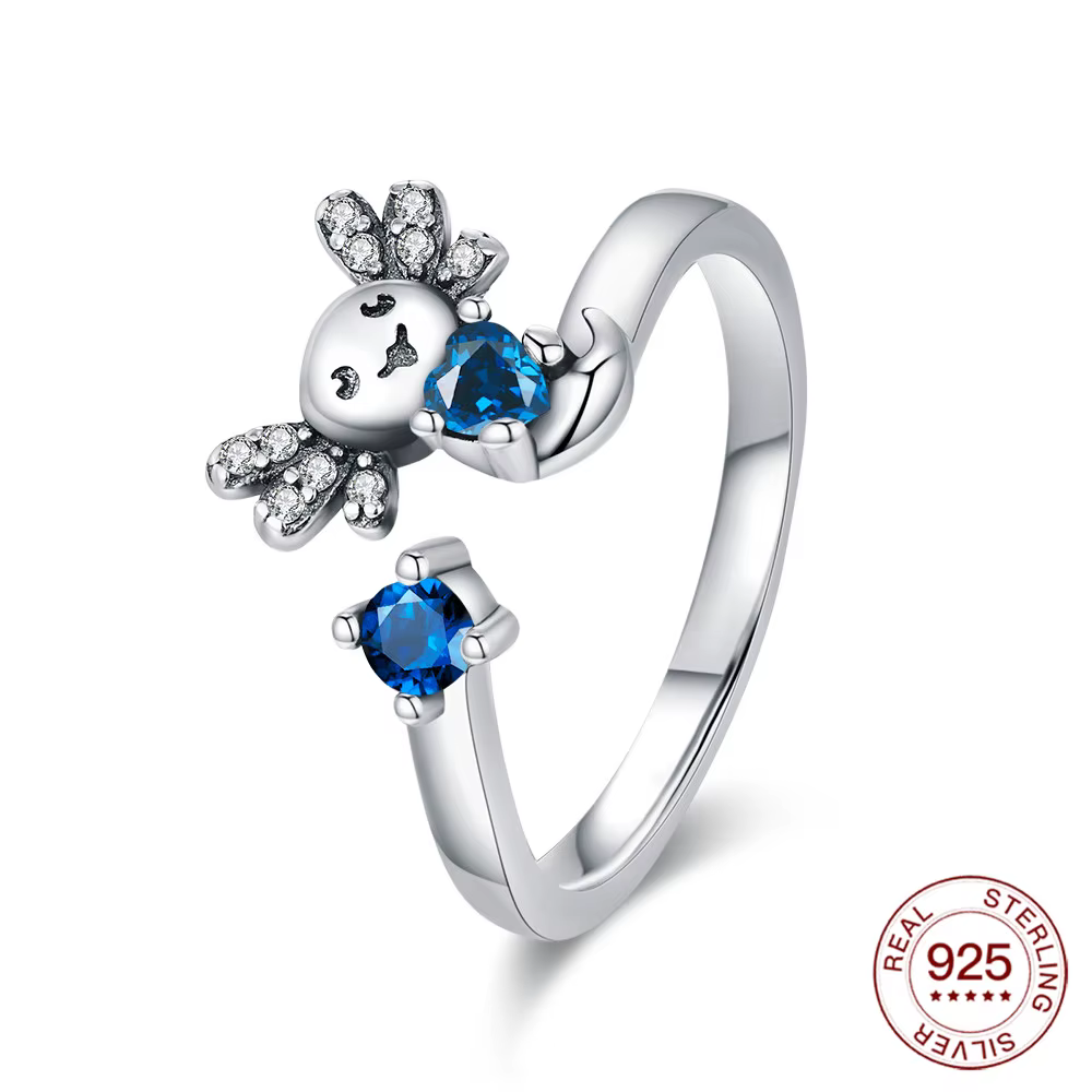 Bague ouverte en argent Sterling S925, salamandre créative en diamant bleu, bague en diamant bleu, b