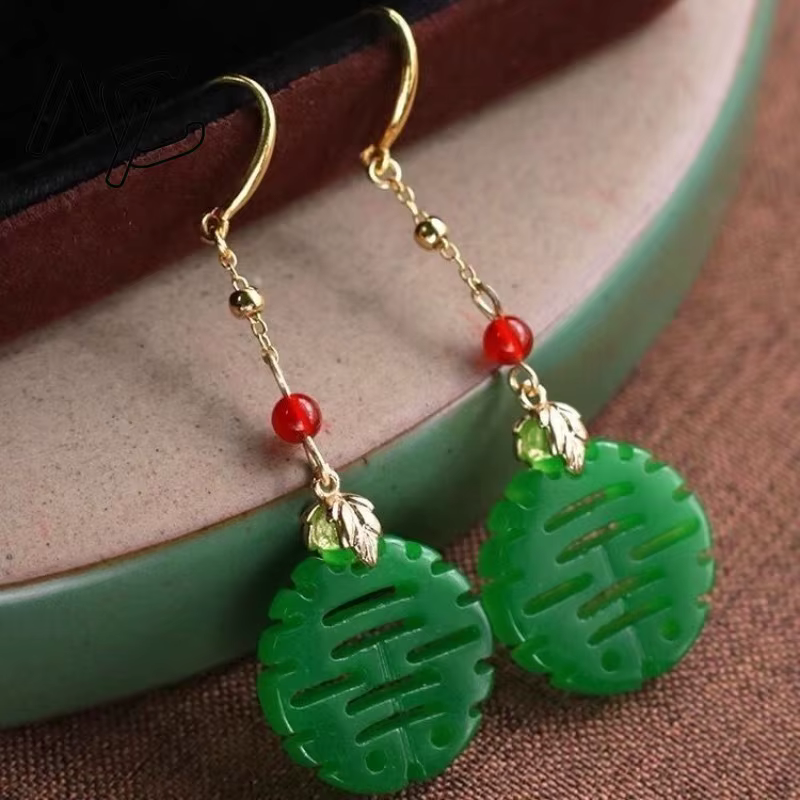 Boucles d'oreilles en Jade vert Double face pour femmes, bricolage, gourde sculptée, accessoires en 