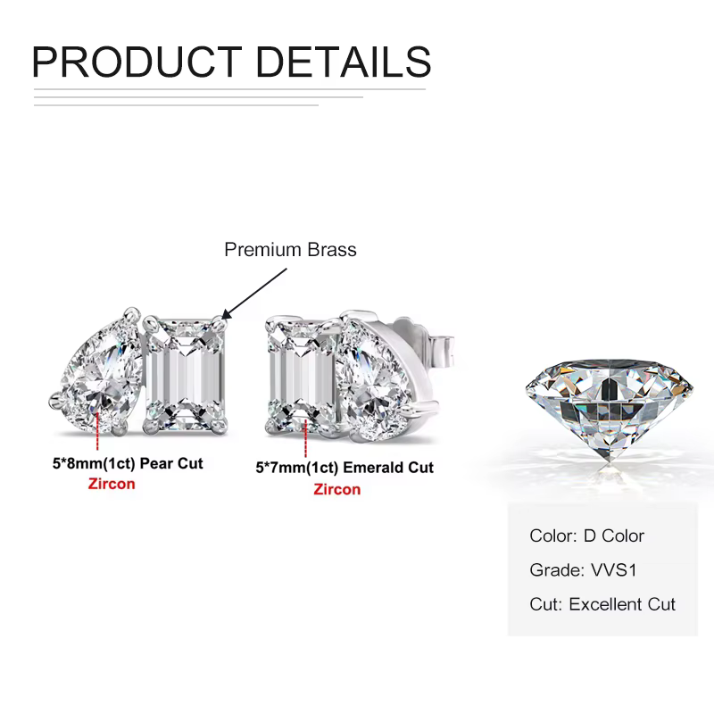 Rrjzz Boucles d'oreilles clous pour femme, 2 pierres en zircone cubique de laboratoire, taille émera