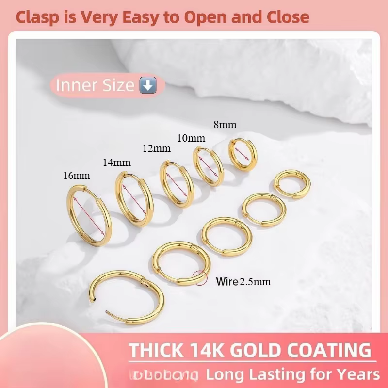 5 paires de boucles d'oreilles Huggie créoles plaquées or 14 carats pour femmes, petits cerceaux lég