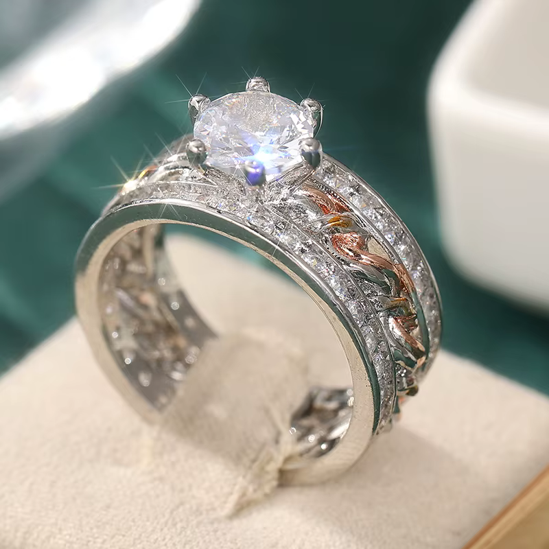 Bague vintage pour femme en micro-pavé de zircon blanc, géométrique bicolore éblouissante, pour usag