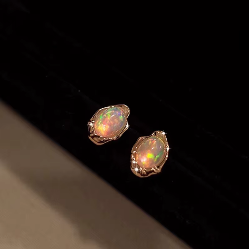 PANJBJ-Boucles d'oreilles en argent regardé 925 avec opale pour femme, bijoux en or rose irrégulier,