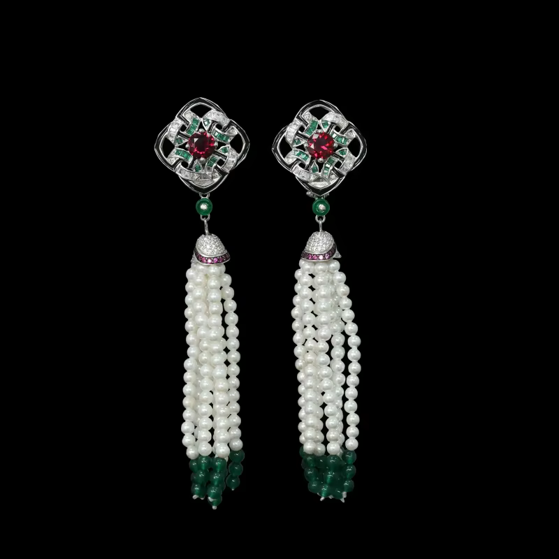 Bellux bijoux conception Unique 925 argent Zircon sang de Pigeon rubis vert perles Vintage gland per