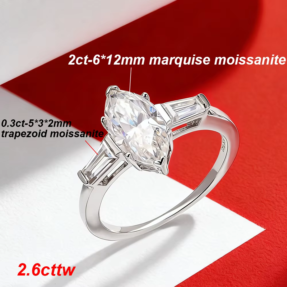 Bague BXINY en argent sterling 925 avec 3 pierres de moissanite taille marquise pour femme, alliance