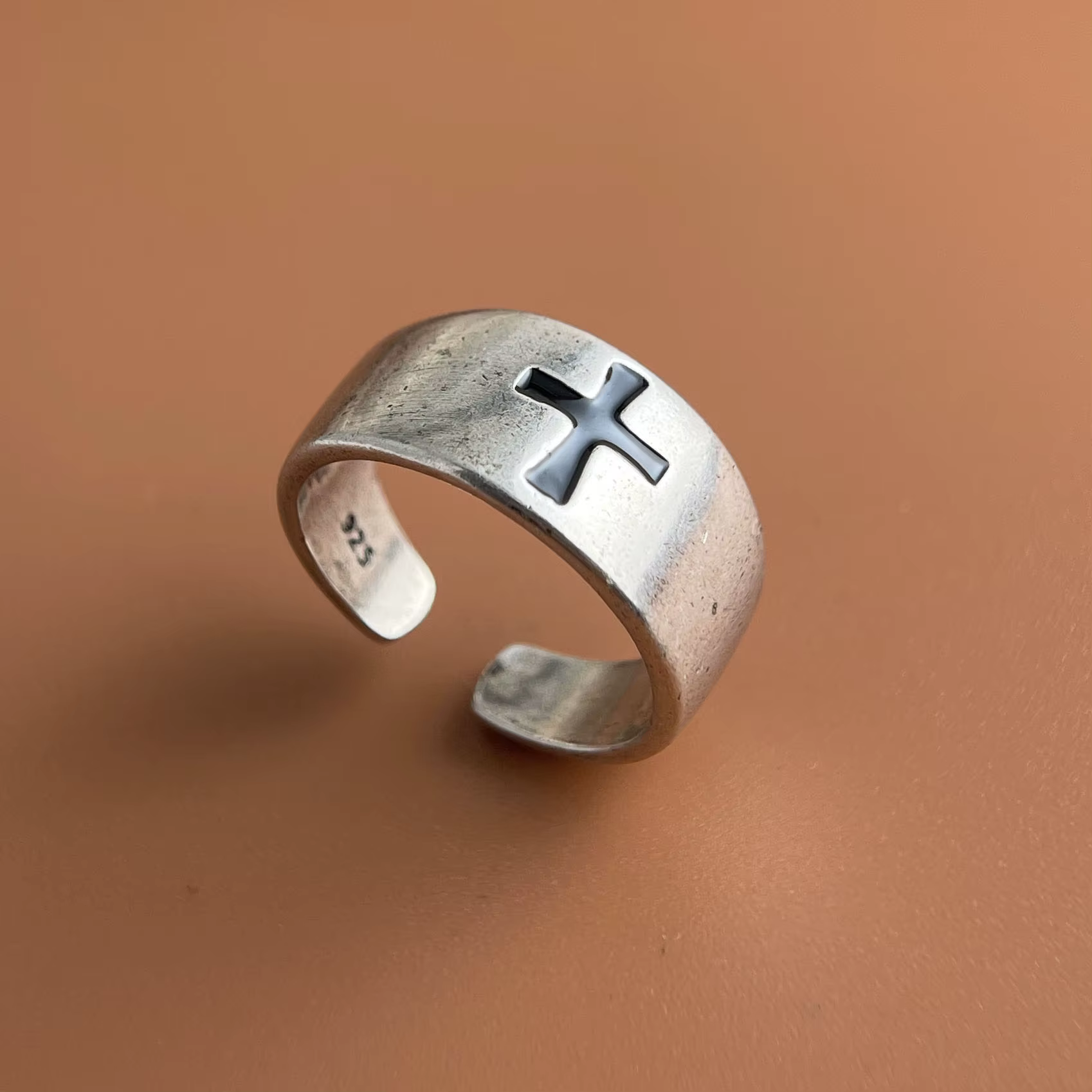 Bagues en argent Sterling 925 pour femmes, Vintage, fait à la main, réglable, motif de croix noire, 