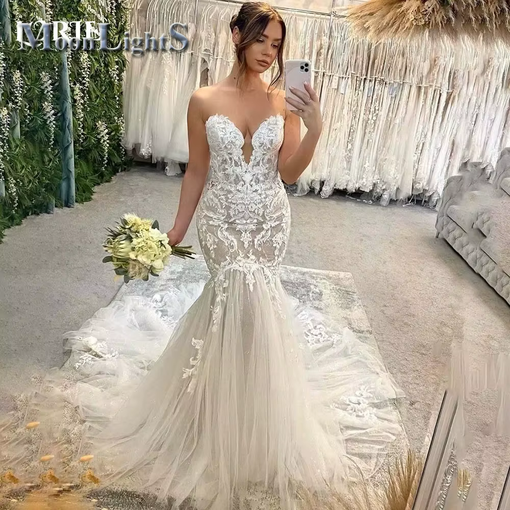 Lunaire sirène robes de mariée dentelle dos nu a-ligne robe de mariée chérie Appliques robe de marié