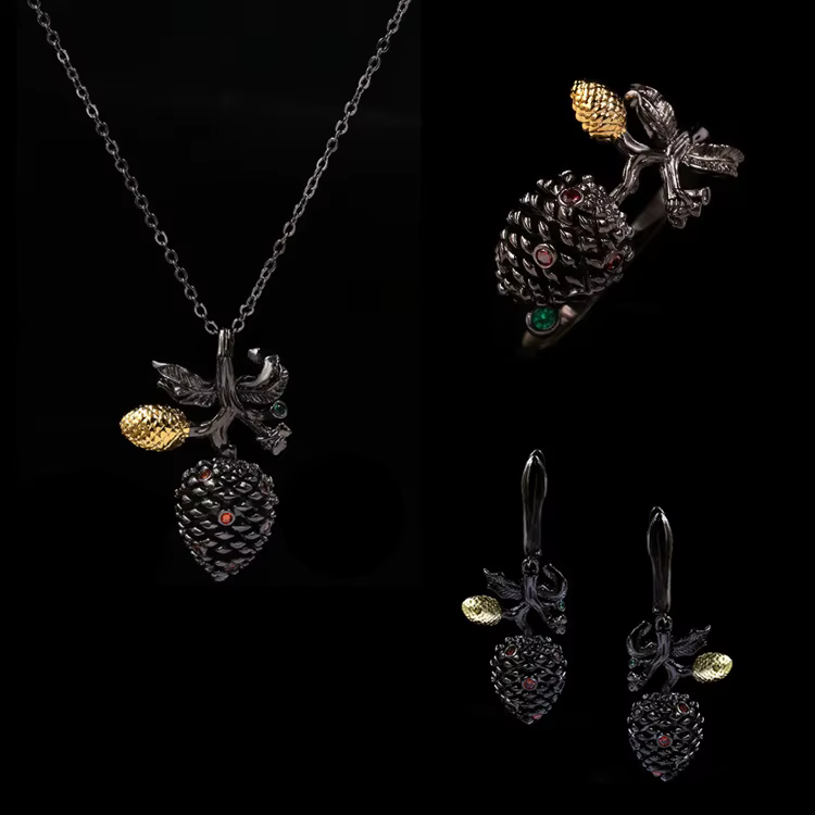 Ensemble de bijoux en or noir exquis, bague bourgeon en diamant, galvanoplastie bicolore, micro-enco