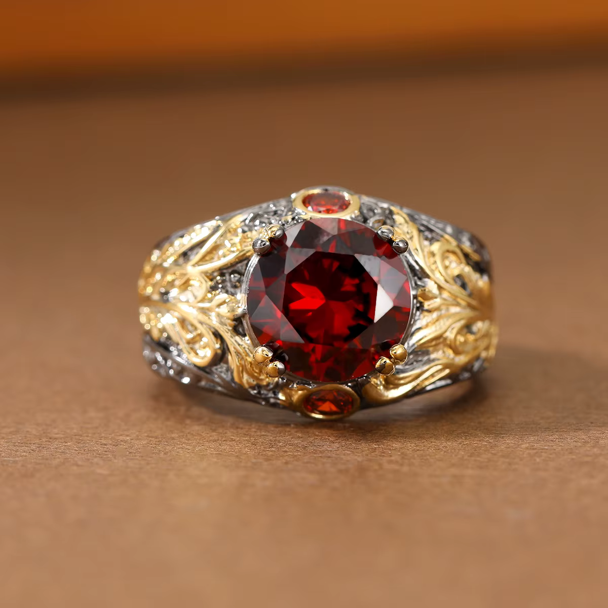 Bague en pierre précieuse synthétique rouge exquise et luxueuse - Bague vintage créative bicolore po