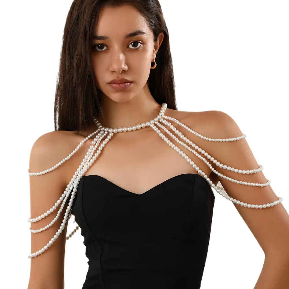 Collier de chaîne d'épaule en perles d'imitation faites à la main, perles rondes noires/blanches, po
