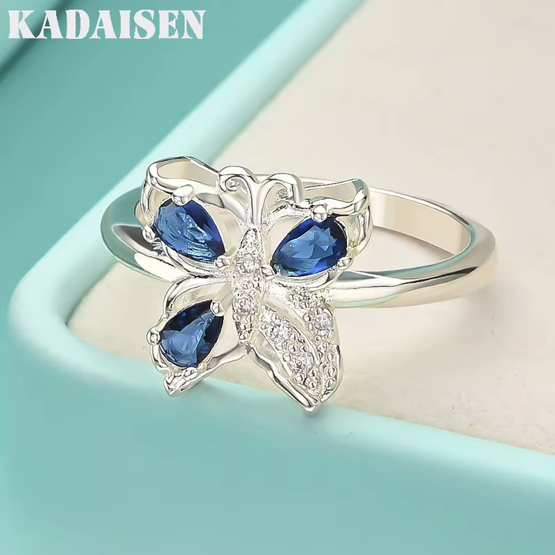 Papillon en argent sterling 925 avec zircon bleu 7-10 #   Bague pour femmes, bijoux de charme pour f