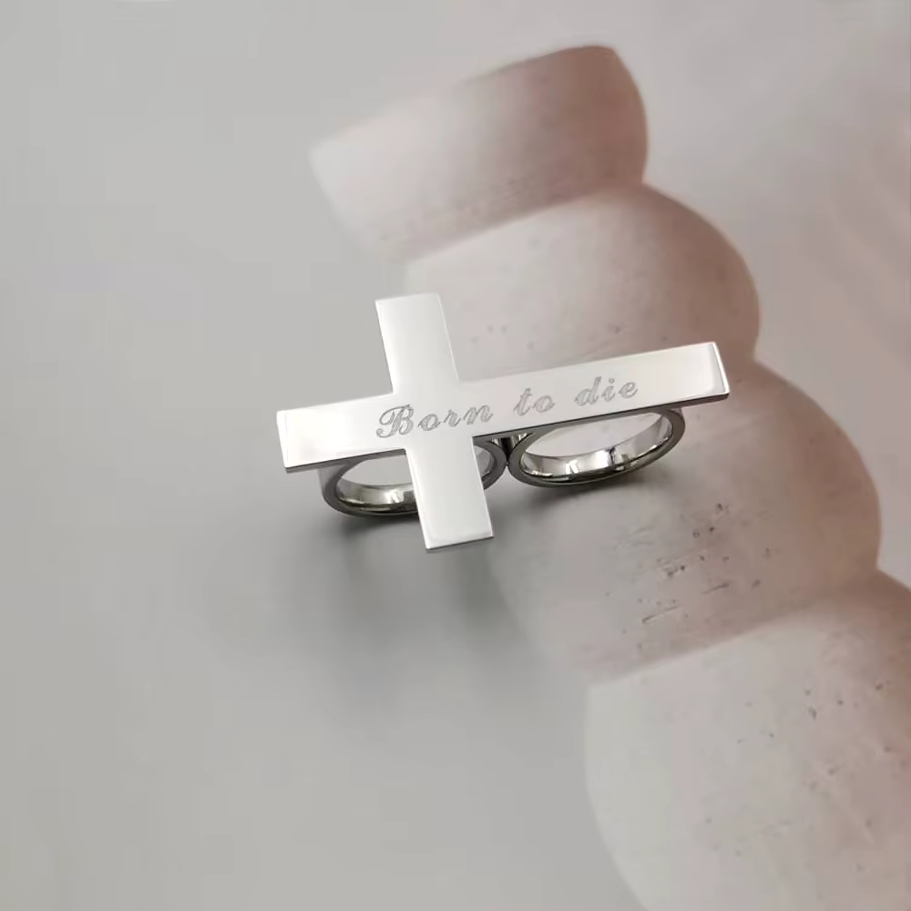 Bague croisée personnalisée à deux doigts, gravure de nom, bague en acier inoxydable argenté pour ho