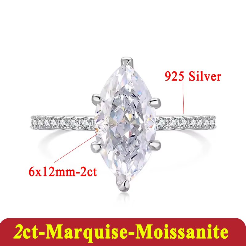 Bague de luxe en moissanite marquise 2ct 3ct pour femme, en argent sterling 925, bijou plaqué or 18 