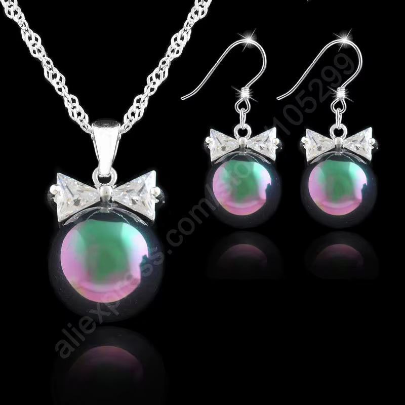 Grandes ensembles de bijoux en perles noires de 12MM, avec nœud papillon en argent Sterling 925, pen