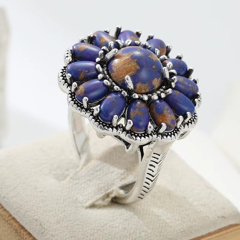Bague ethnique pour femme en imitation lapis-lazuli incrusté, couleur argent vintage, motif géométri