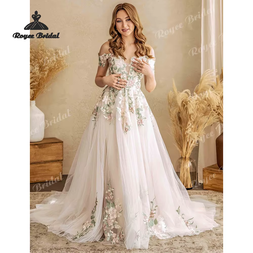 Robes de mariée brodées de fleurs coupe trapèze 2026, épaules dénudées, robe de mariée de plage brod
