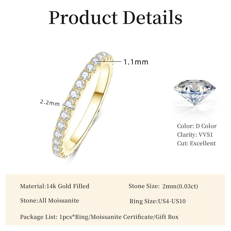 Bague de mariage en or 14 carats pour femmes, certifiée couleur D VVS1, bague d'éternité en moissani