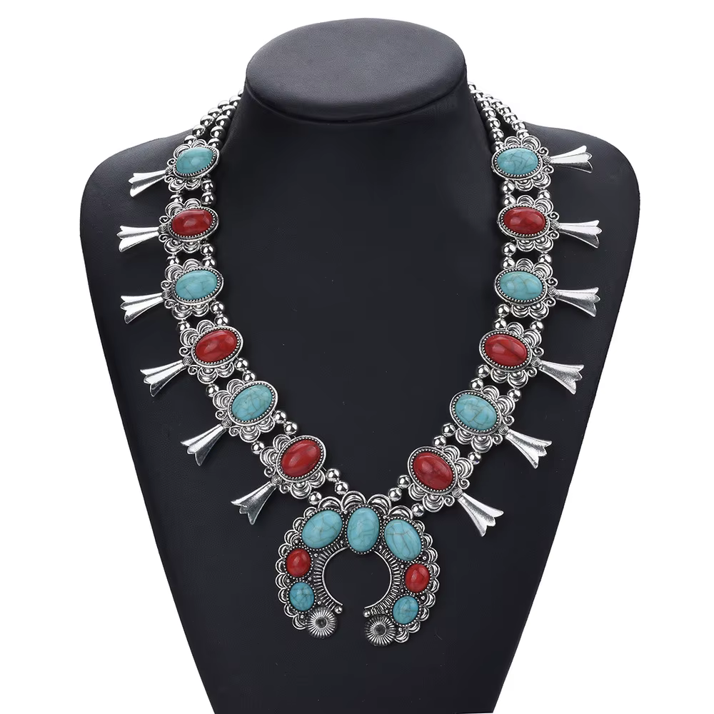 Bijoux Vintage grande déclaration couleur argent Tribal épais Western fleur de courge résine pierre 