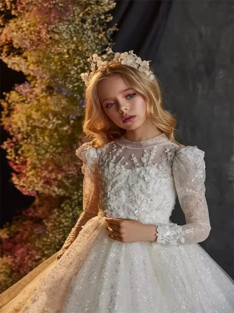 Robe blanche élégante à fleurs pour filles, pour mariage, manches longues, perles bouffantes, fête d