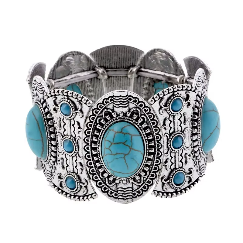 Bracelets élastiques Vintage Boho Imitation Turquoises pour femmes, ethnique sculpté, couleur argent