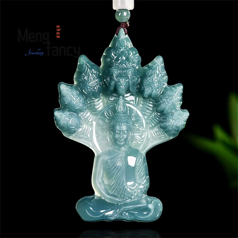 Haute qualité vieille jadéite naturelle a-grade eau bleue Naga bouddha Protection glace gluante Type
